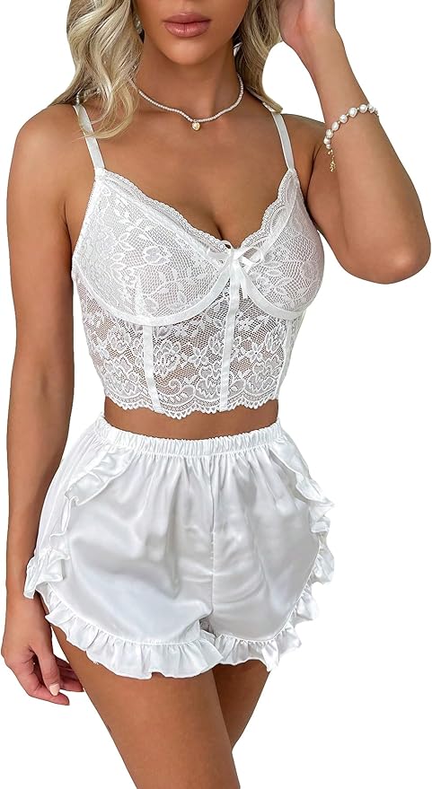 Rara Women's V-Neck Lace Mesh Sleepwear Ruffle Hem Shorts Pajama Set White