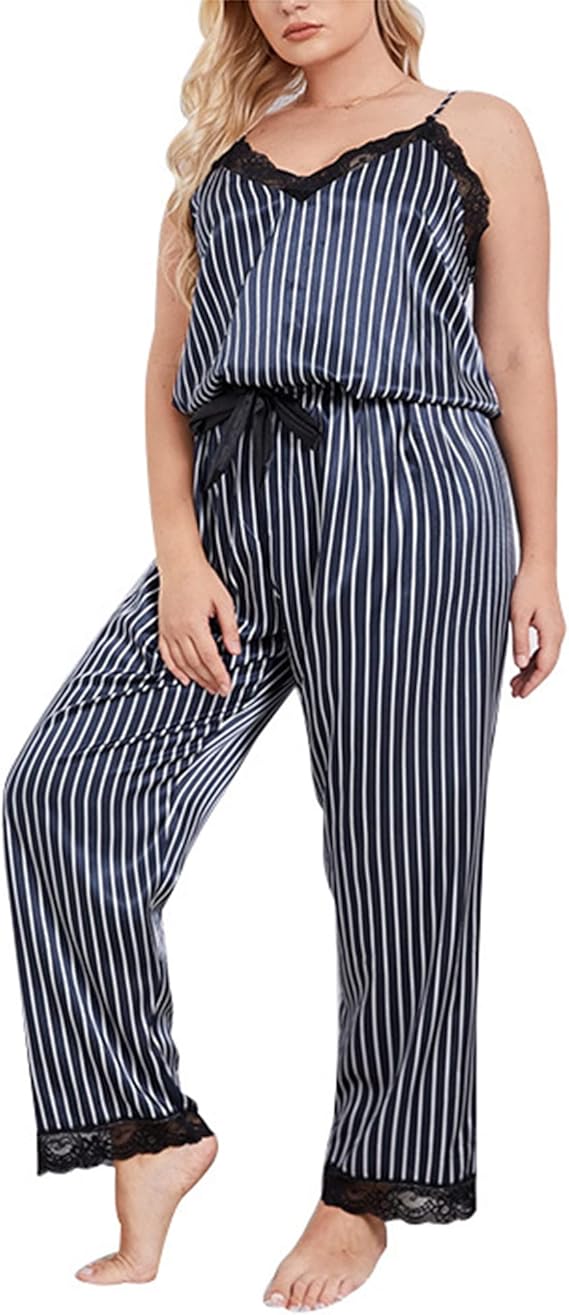 Women's 2 Piece Pajama Set Plus Size Sexy Lace Lingerie Striped Satin Sleepwear