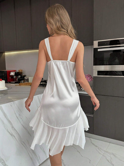 Satin And Mesh Sexy Deep V-Neck Fairy Asymmetrical Hem Slip Pajama Night Dress