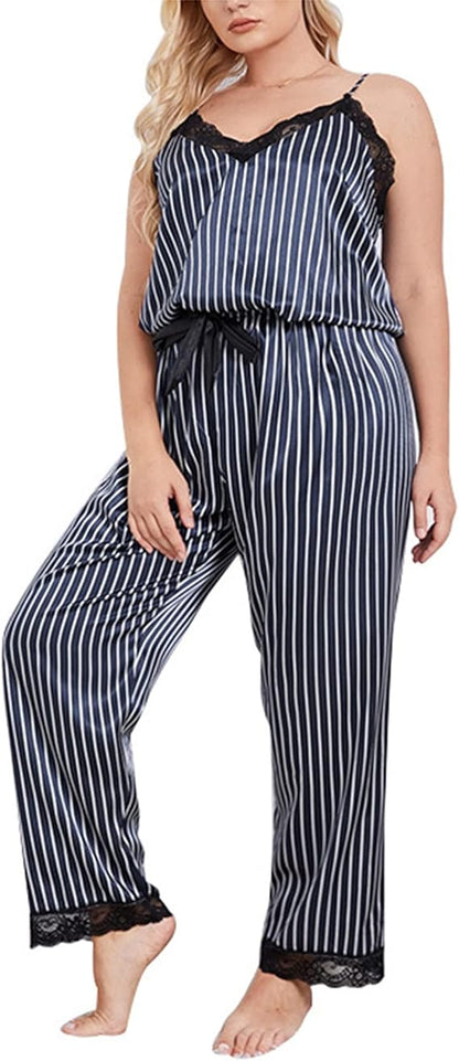 Women's 2 Piece Pajama Set Plus Size Sexy Lace Lingerie Striped Satin Sleepwear