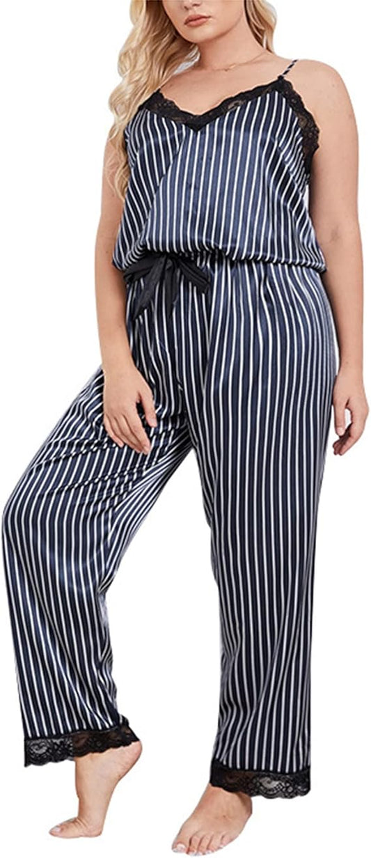 Women's 2 Piece Pajama Set Plus Size Sexy Lace Lingerie Striped Satin Sleepwear