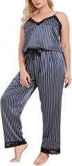 Women's 2 Piece Pajama Set Plus Size Sexy Lace Lingerie Striped Satin Sleepwear