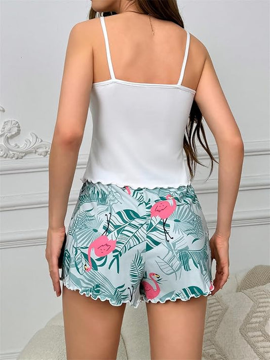 Women's Sexy Lingerie Pajamas 2 Piece Set Top Shorts Pants Cute Printed Tank Elastic Waist Tank Casual Set