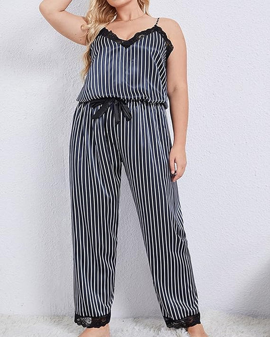 Women's 2 Piece Pajama Set Plus Size Sexy Lace Lingerie Striped Satin Sleepwear