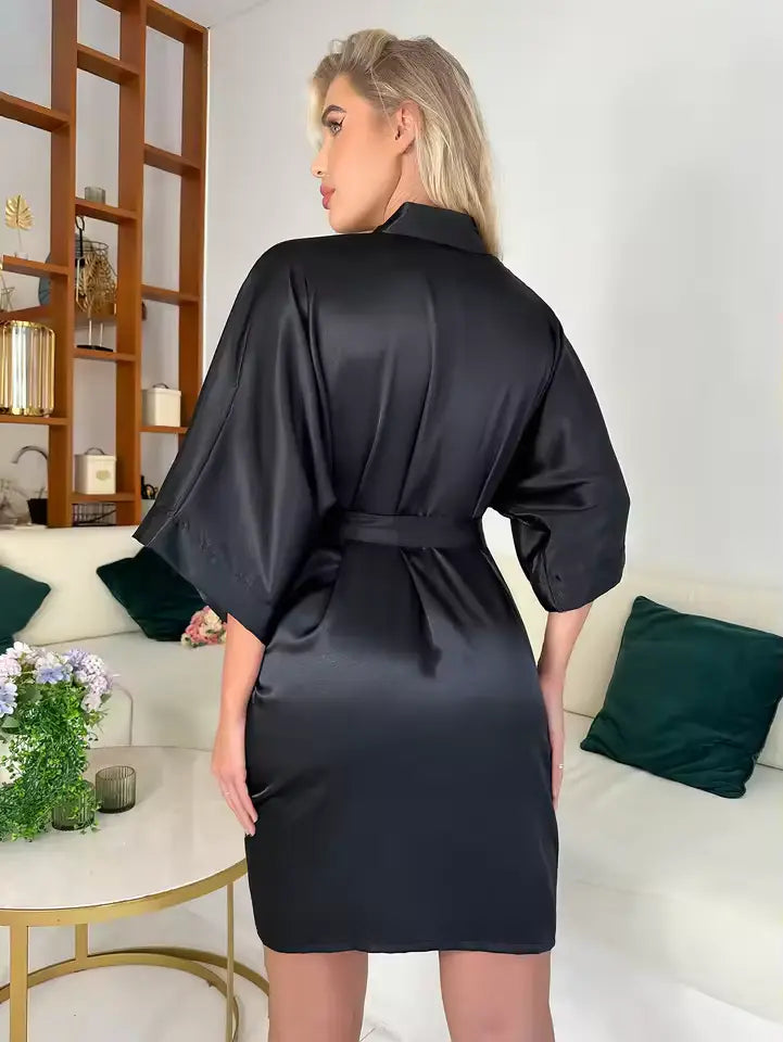Solid Satin Night Robe Elegant Half Sleeve V Neck House Robe With Belt Women's Sleepwear